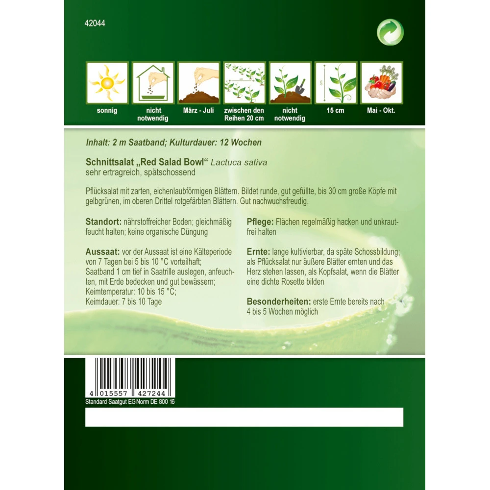 Saatgut Schnittsalat Red Bowl, Ca. 2 Meter Saatband, Ertragreich Und Spätschossend 4 Saatgut Schnittsalat Red Bowl, Ca. 2 Meter Saatband, Ertragreich Und Spätschossend – Bild 2
